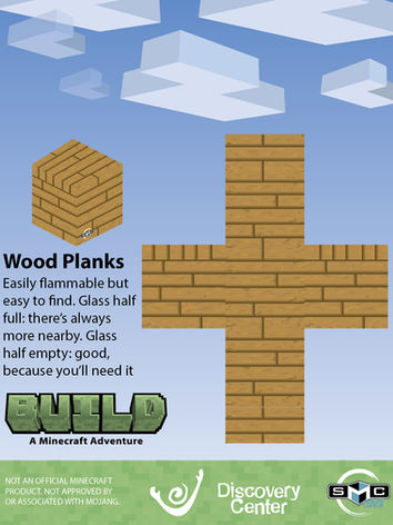 Page of a pitch packet in the style of the video game Minecraft with Build: A Minecraft Adventure logo and illustrations of the wood block