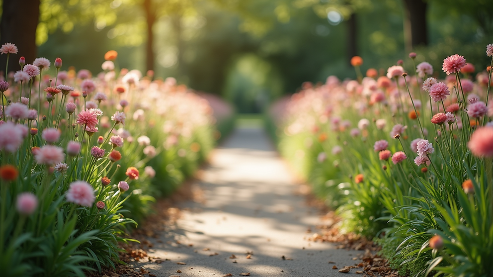Close-up view of a serene garden path lined with flowers