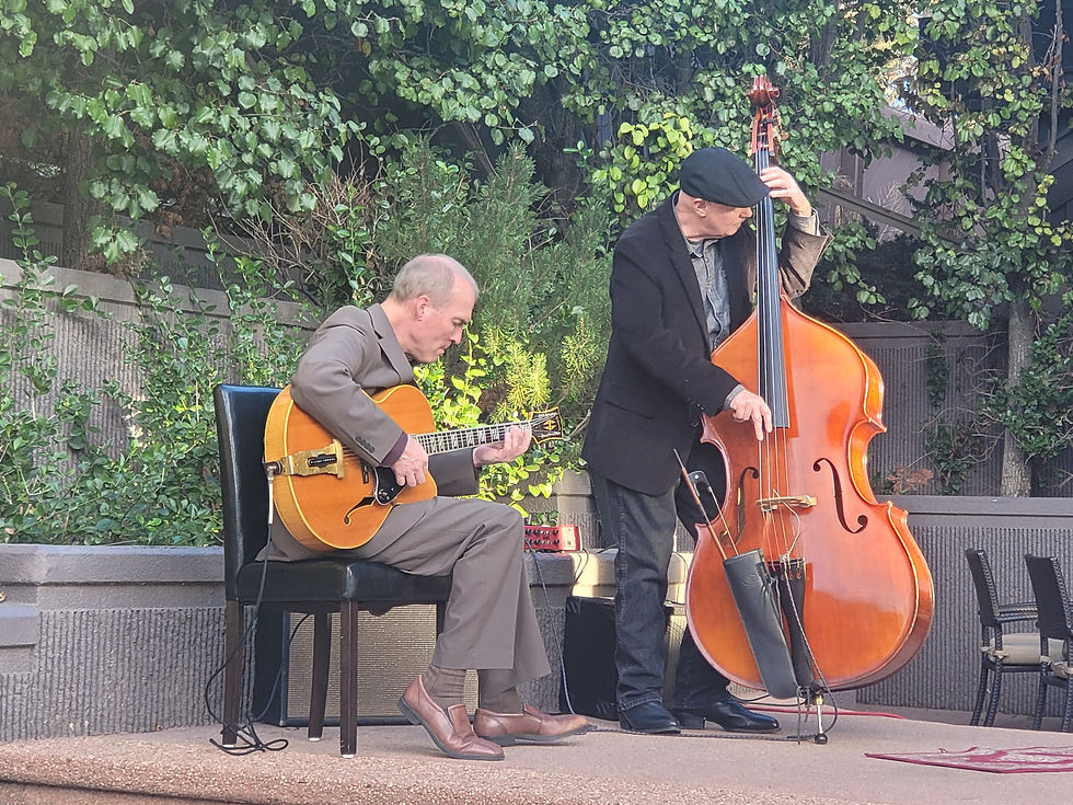 Caucasian man in suite playing guitar next to a Caucasian man with a hat who is stnading and playing a cello