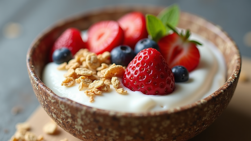 Close-up de bowl con yogurt de coco, frutas frescas y granola