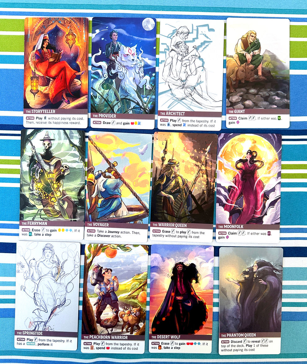 Colorful fantasy game cards on striped background. Characters include a storyteller, provider, and warrior queen. Each card has action text.