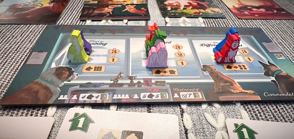 Colorful animal figures on a game board with dog illustrations. Text: "Final round if," hearts, arrows, and numbers visible. Cozy setting.