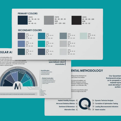 Presentation for Elia Finance, featuring custom graphics and services in approved blue-gray color palette