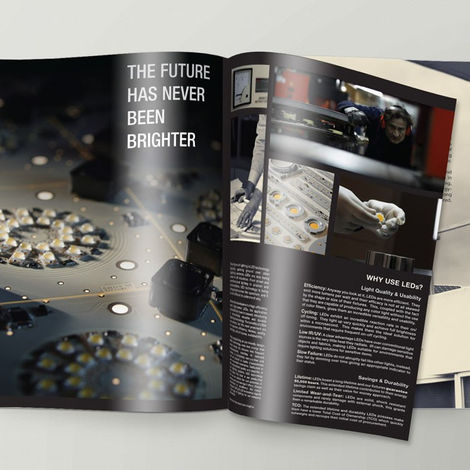 Interior layout for Gallis Lighting professional series catalog, magazine-style article layout