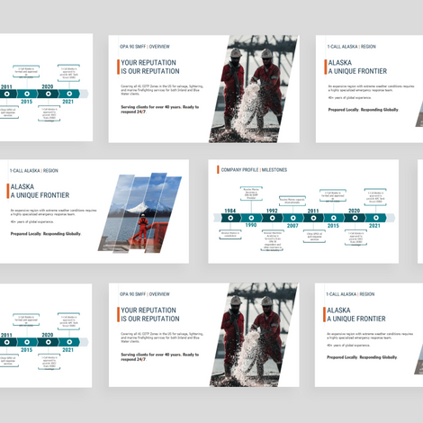 Presentation for Resolve, modular layouts with photos, graphics, and bold titles for marine emergency compliance