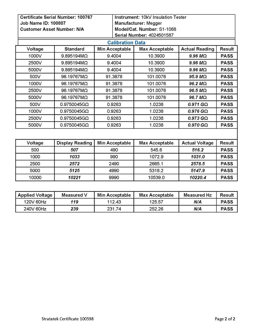 Thumbnail: Megger S1-1068 10kV Insulation Tester Megohmmeter Calibration Certificate Page 2
