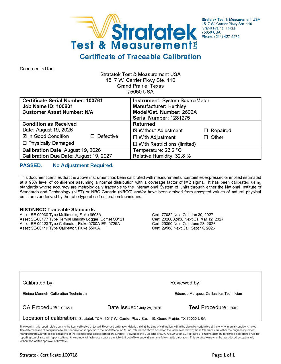 Thumbnail: Keithley 2602A SYSTEM SourceMeter 2 Channel SMU Calibration Certificate Page 1