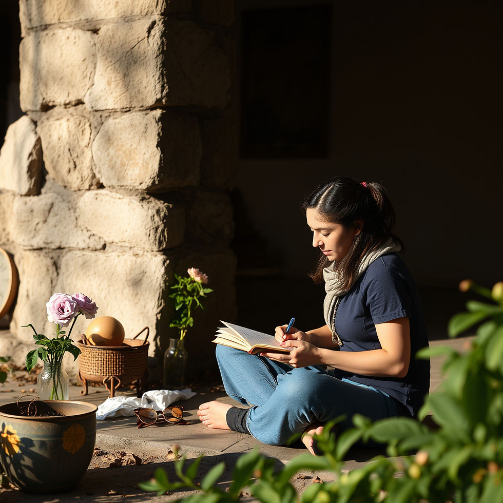 Woman writing in a notebook on a sunlit stone porch, surrounded by flowers, a basket, and pottery, with a calm mood.