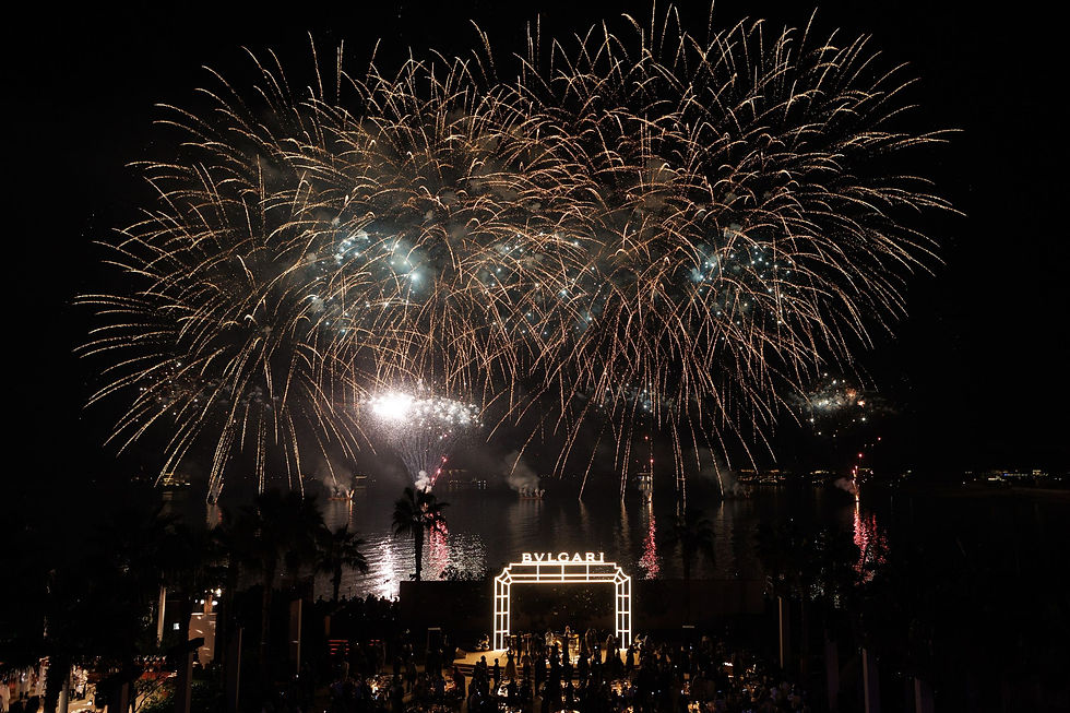 New Year’s Eve 2026 fireworks over Bvlgari Resort Dubai, photographed by Morozov Studio.