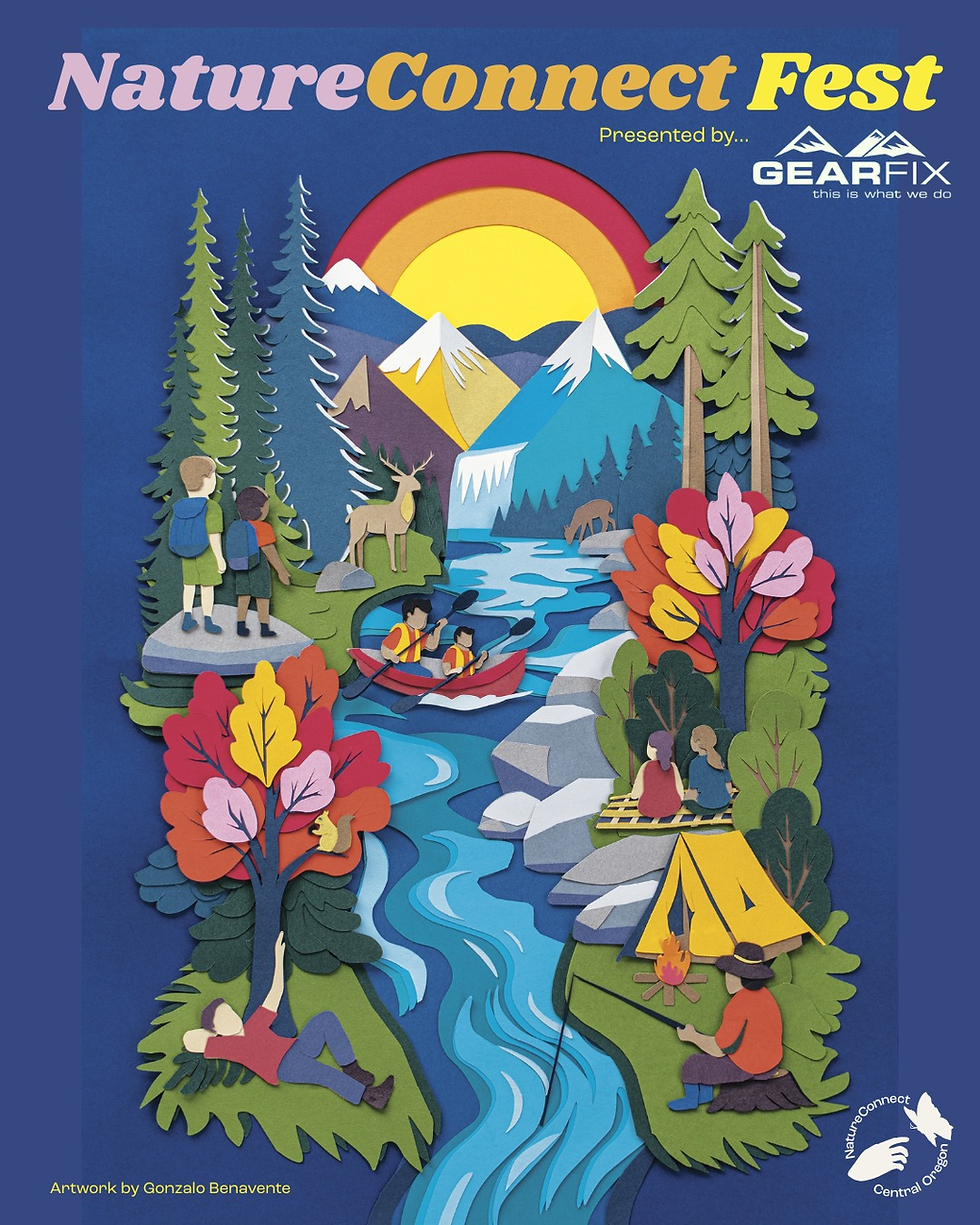 A flyer for NatureConnect Fest with artwork of a river, people enjoying nature, trees and deer.