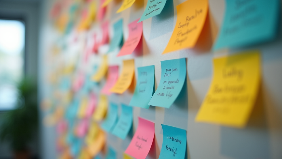 Eye-level view of a Scrum board filled with colorful sticky notes
