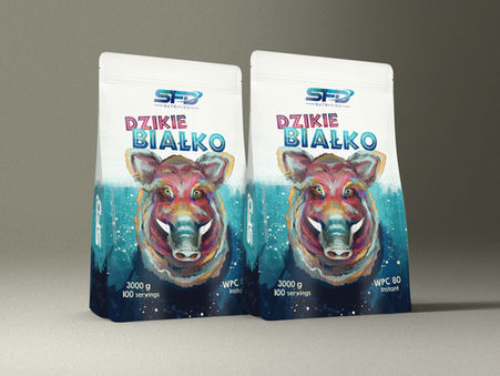 Projekt opakowania typu doypack dla odżywki białkowej Dzikiebiałko WPC