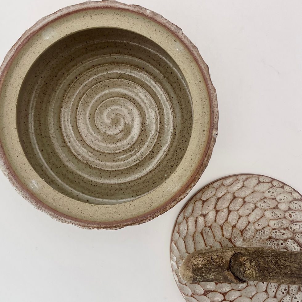 Thumbnail: Carved pot in Shino with driftwood handle