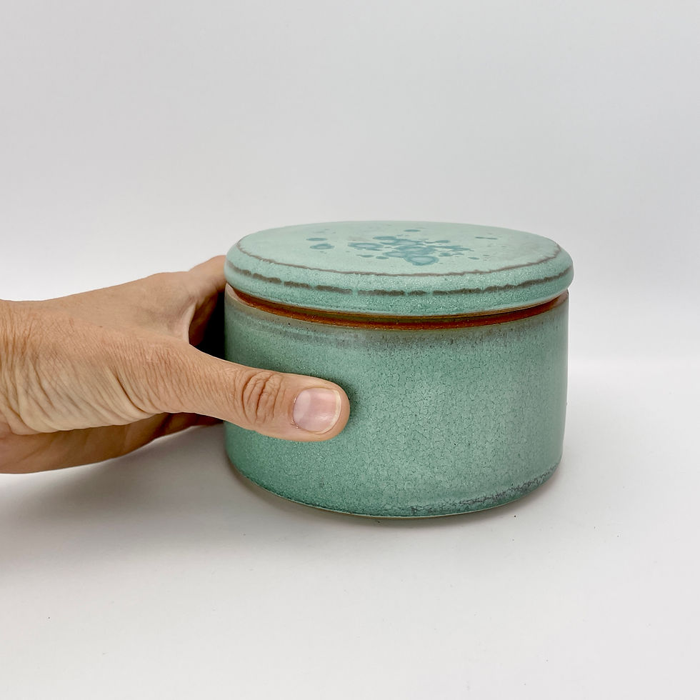 Thumbnail: Large lidded pot in soft green with turquiose