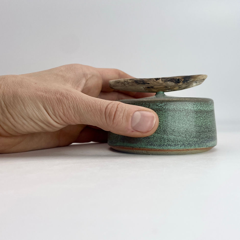 Thumbnail: Lidded pot with driftwood handle in weathered green