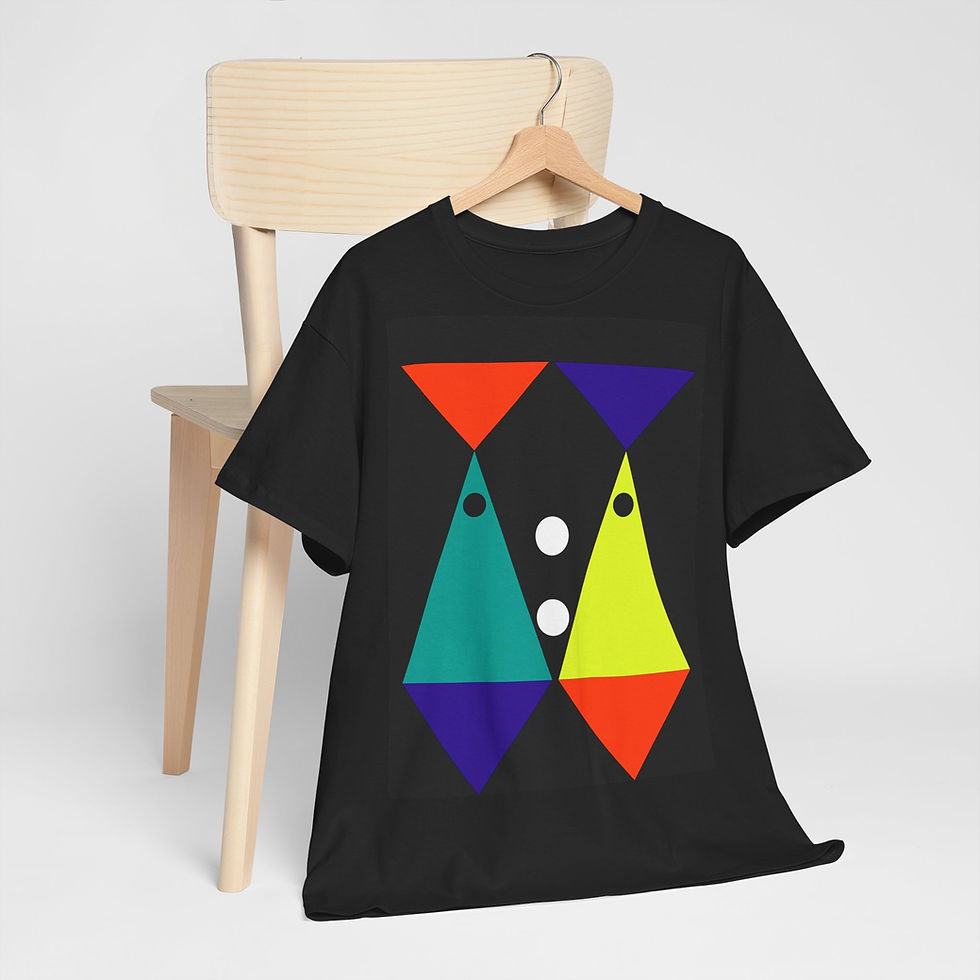 Black T-shirt with geometric design on a hanger.