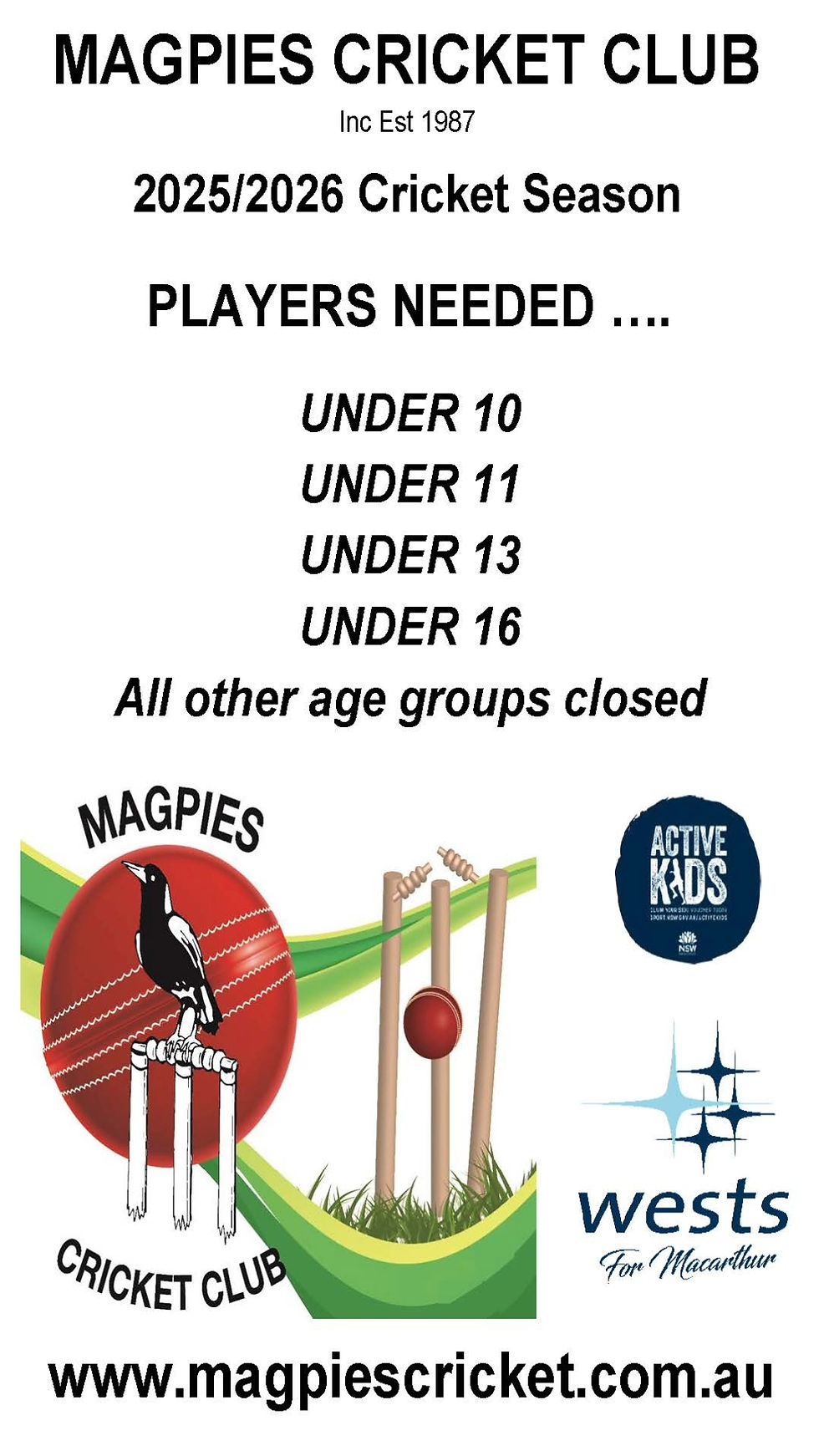 25-26 Magpies Players needed - 1 - 20 AUGUST 2025