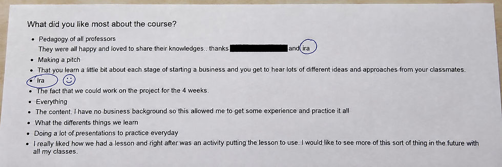 “What did you like most about the course?” One student simply wrote: “Ira.” 🥹