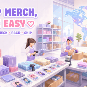 Pixel-art K-pop merch resell and dropshipping workflow at the K-Dropshipping Korea warehouse, showing checks, packing, and international fulfillment.