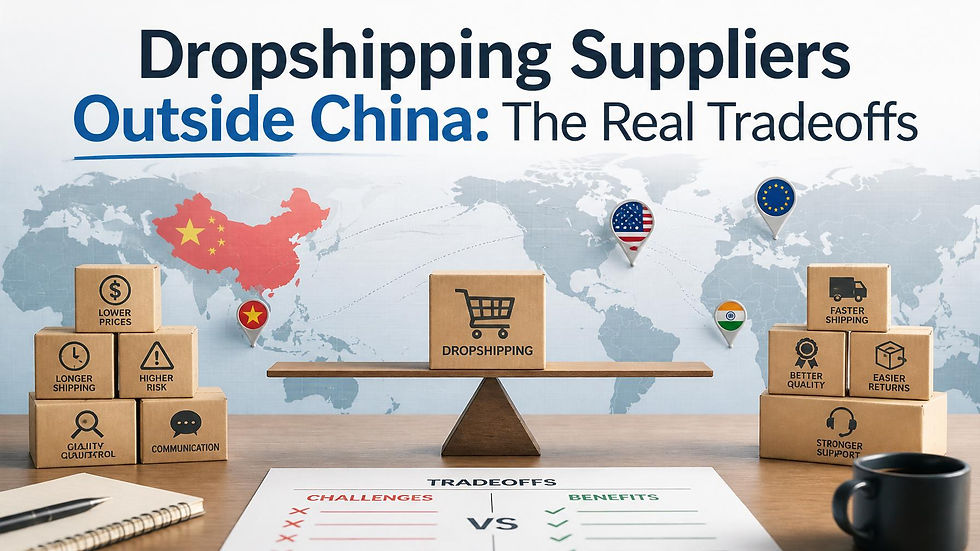 Map with boxes labeled "Dropshipping," representing trade-offs: lower prices, faster shipping. Text: "Dropshipping Suppliers Outside China: The Real Tradeoffs."