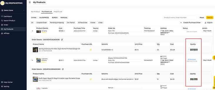 Dashboard of ZQ Dropshipping's "My Products" purchase list showing product details, costs, purchase times, and order status.