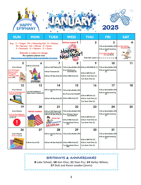 A "JANUARY 2025" calendar with daily church events and activities, including "Happy New Year!" and "Happy Epiphany" greetings, and a list of birthdays and anniversaries.