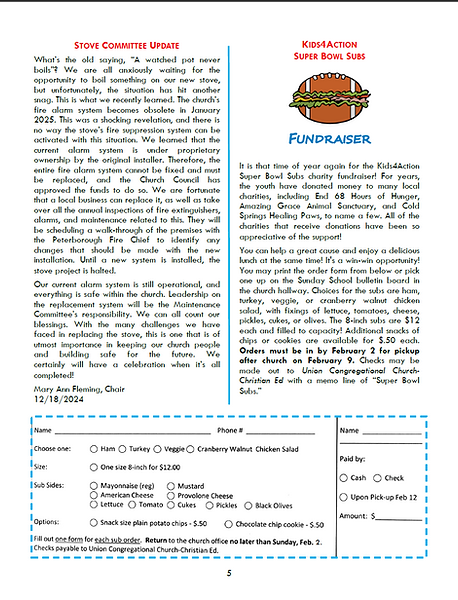 A newsletter page featuring an article about "STOVE COMMITTEE UPDATE" regarding fire suppression system maintenance, and a "KIDS4ACTION SUPER BOWL SUBS" fundraiser section with an order form.