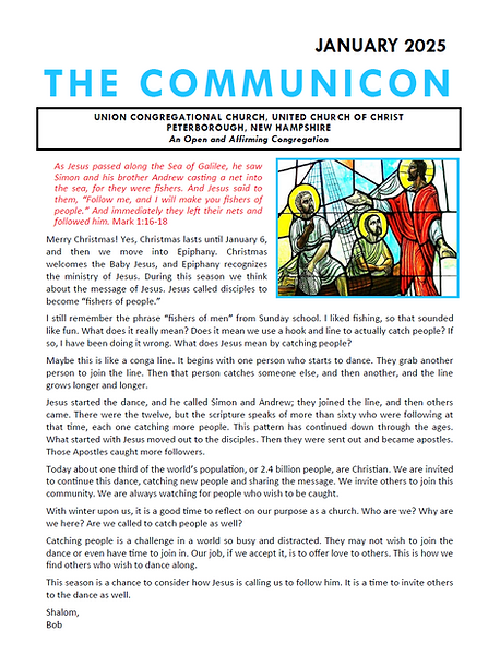 A newsletter page for "THE COMMUNICON," January 2025, featuring an illustration of Jesus calling his first disciples, along with articles about the meaning of "fishers of people" and the significance of Epiphany.