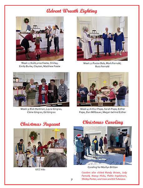 A collage of seven photographs showing "Advent Wreath Lighting" ceremonies and a "Christmas Pageant" and "Christmas Caroling" event.