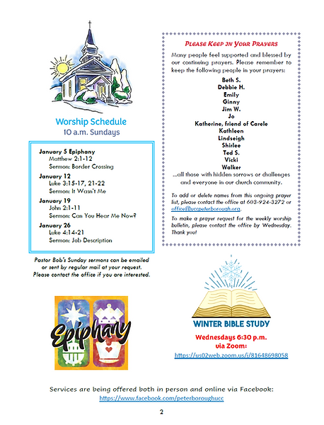 A newsletter page showing a church illustration, a "Worship Schedule" for January 2025 Sundays, a "Please Keep In Your Prayers" list, and information about "WINTER BIBLE STUDY."