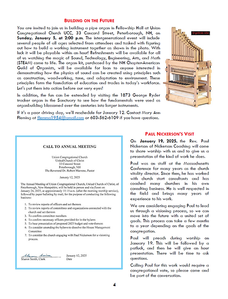 A newsletter page with an article titled "BUILDING ON THE FUTURE" discussing a pipe organ project, alongside an image of organ pipes. It also includes information about an "ANNUAL MEETING" and an article about "PAUL NICKERSON'S VISIT."