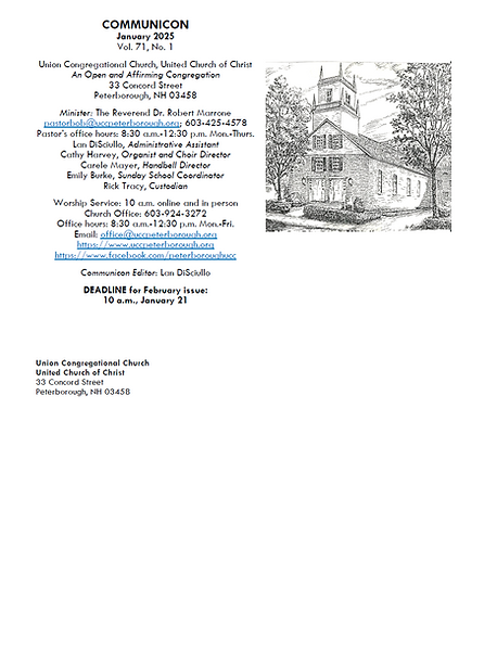 The back page of "COMMUNICON January 2025 Vol. 71, No. 1," providing contact information for Union Congregational Church, including office hours, email, and social media links, along with a drawing of a church building.
