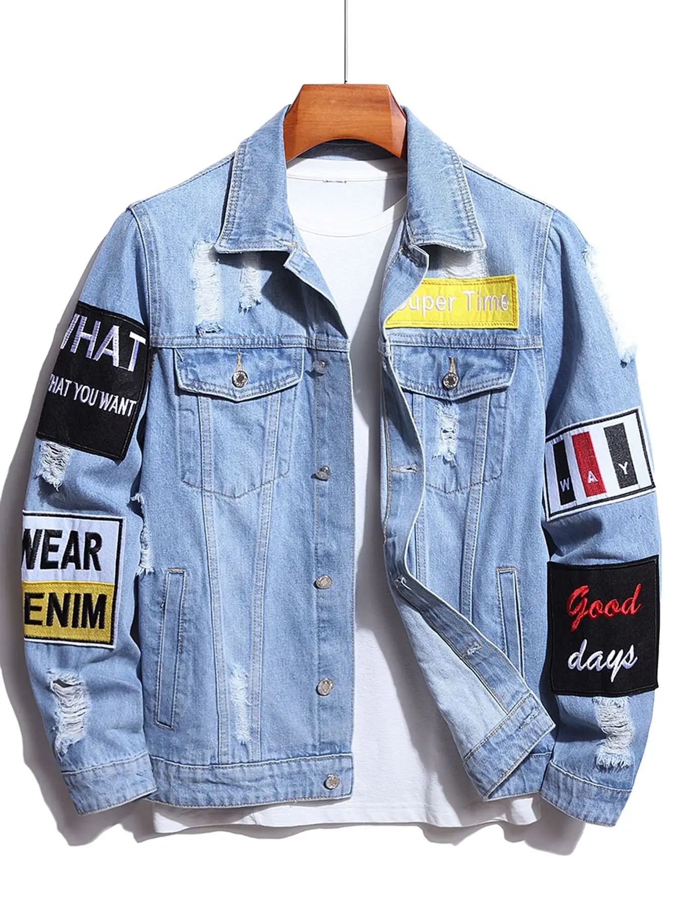 Patched Detail Blue Denim Jacket