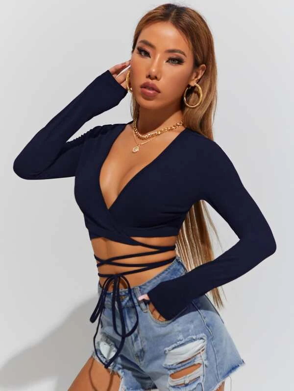 Thumbnail: PETITE Solid Crisscross Knot Hem Top