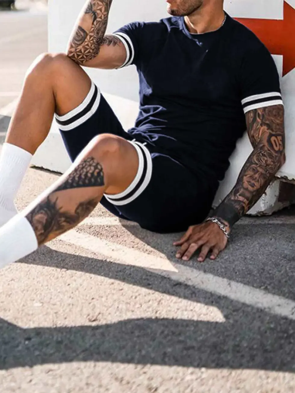 Thumbnail: Striped Trim Tee & Drawstring Waist Shorts