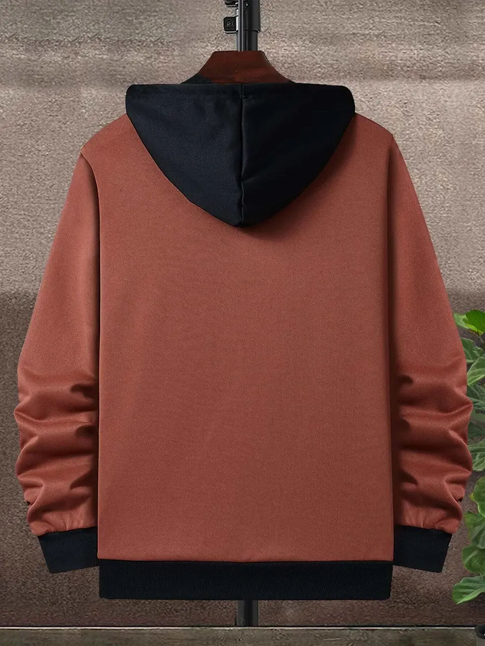Thumbnail: Deer Print Color Block Semi-Zip Drawstring Hoodie