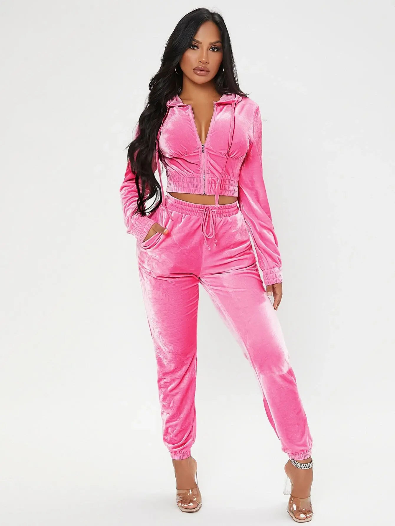 Zip Up Drawstring Velvet Hooded Jacket & Sweatpants