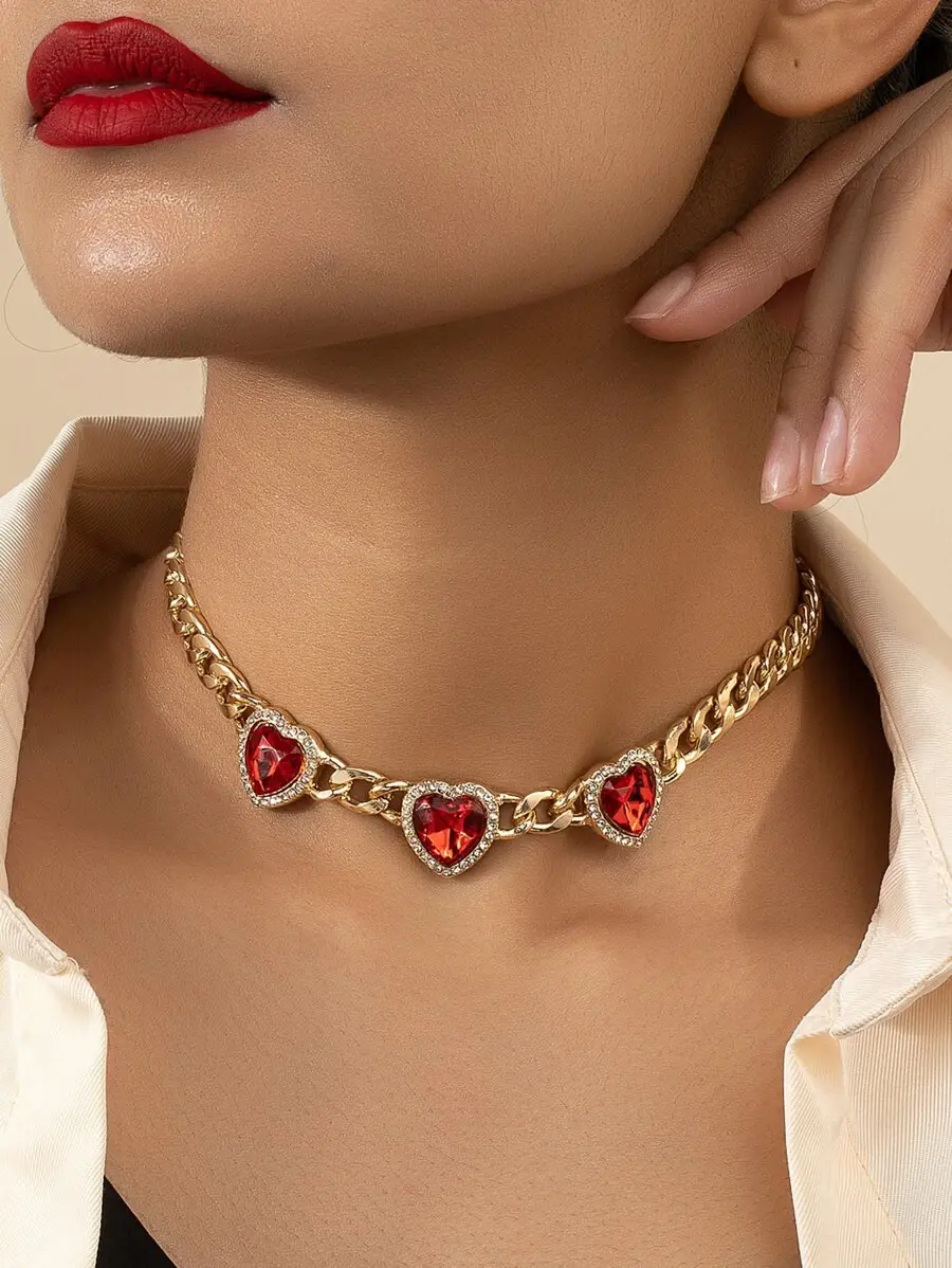 Thumbnail: 3 Heart Rhinestone Choker Necklace