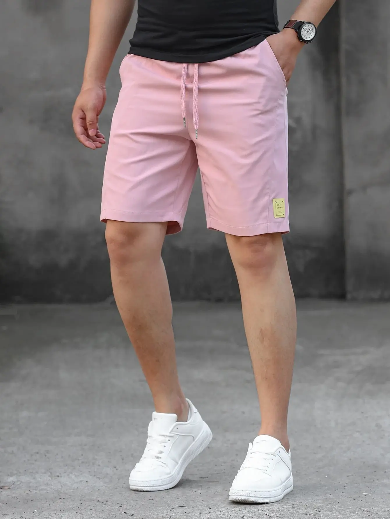 Letter Patched Drawstring Waist Shorts