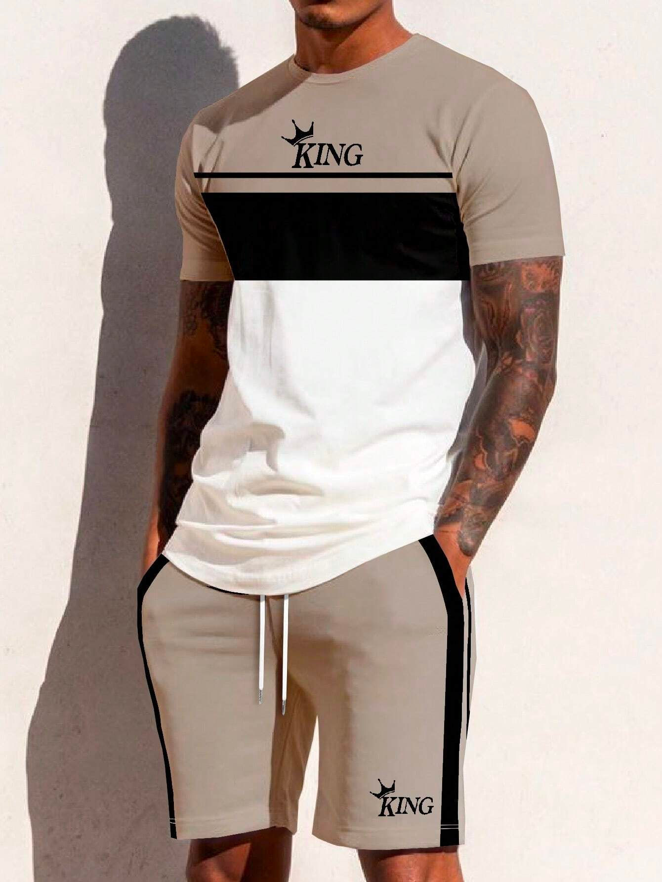 King Graphic Colorblock Shirt & Drawstring Waist Shorts Set