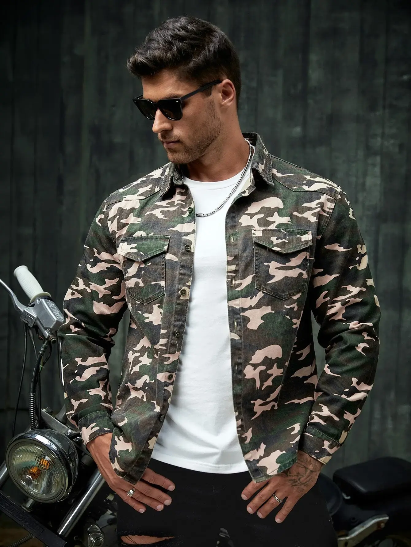 Camo Print Flap Pocket Denim Shirt