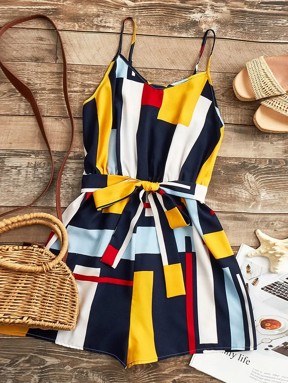 Thumbnail: Color Block Belted Cami Romper