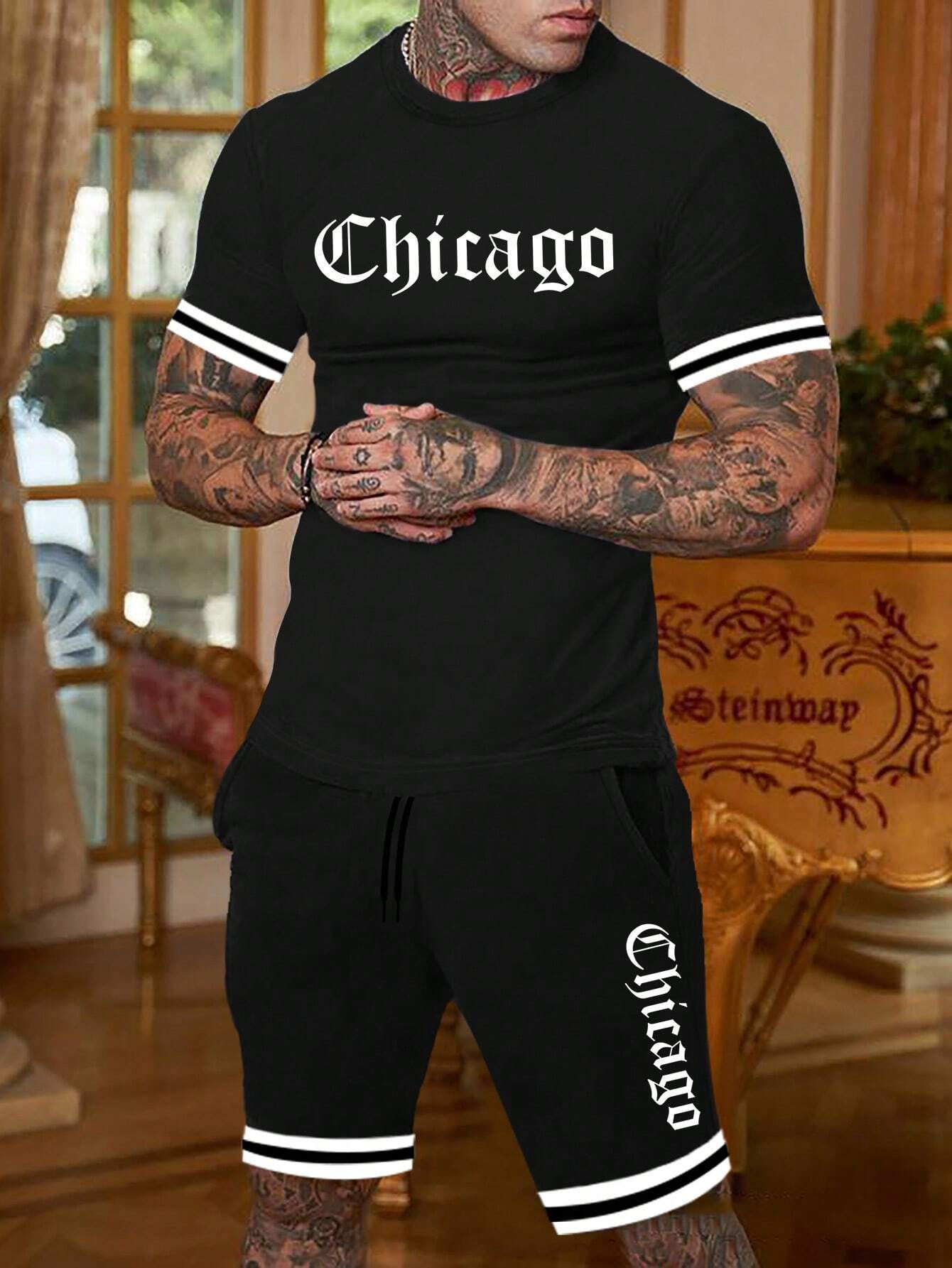 Letter Graphic Tee & Drawstring Waist Shorts