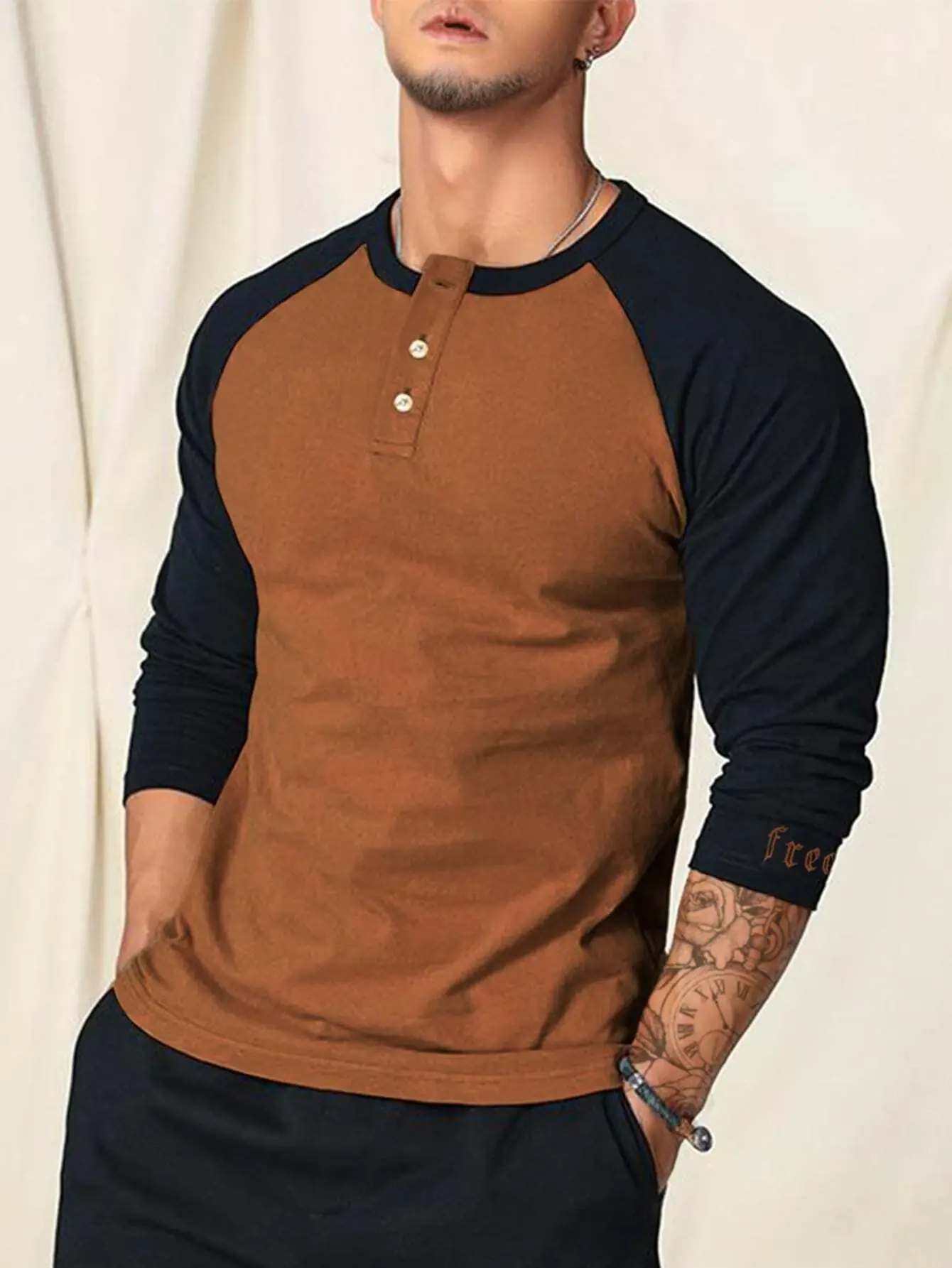 Reglan Sleeve Colorblock Henley Tee