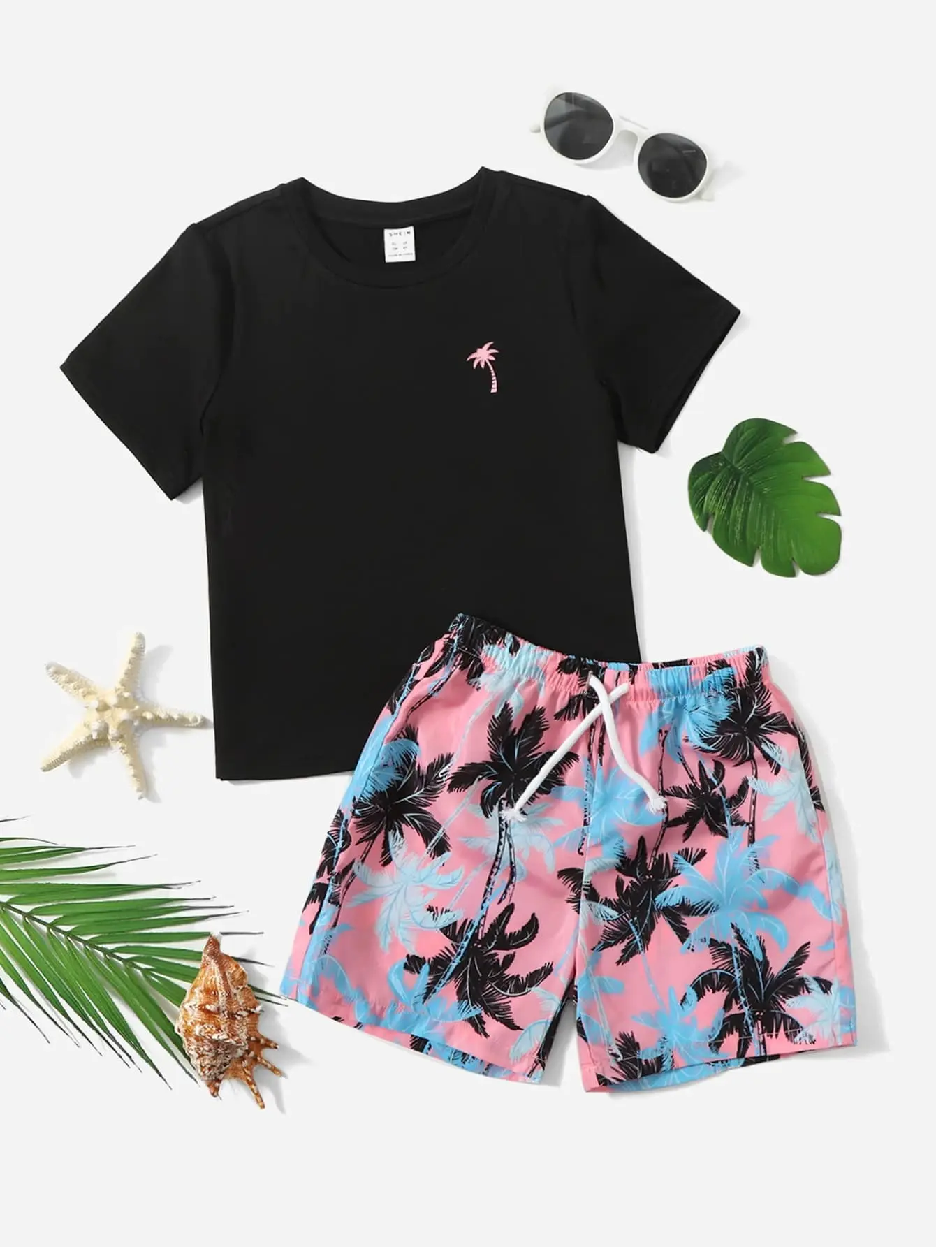 Coconut Tree Print Tee & Drawstring Waist Shorts