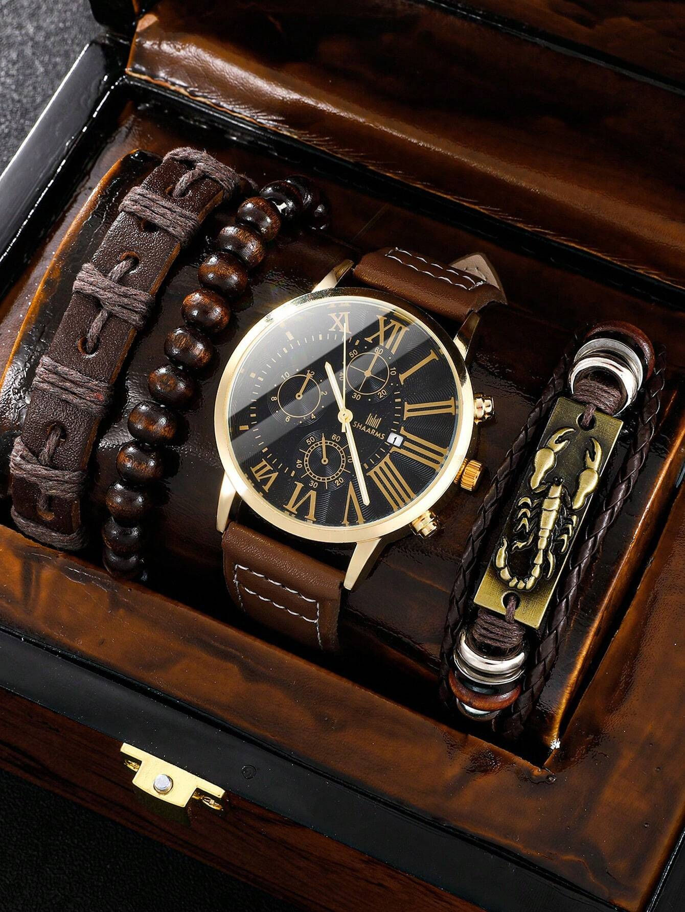 Gold Rim Design Bracelet Watch Set