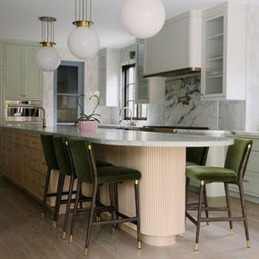 Mint green and white oak kitchen with large curved island Kleinburg Ontario