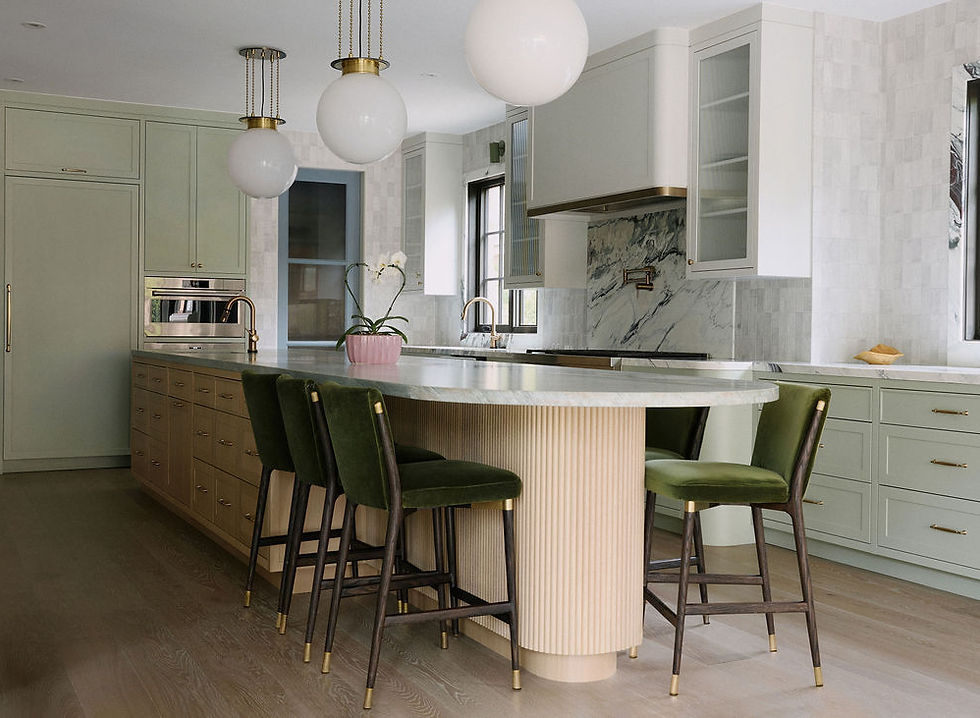 Mint green and white oak kitchen with large curved island Kleinburg Ontario