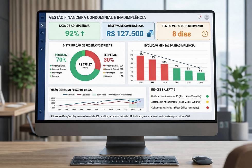 Dashboard de gestão financeira condominial e inadimplência com gráficos de fluxo de caixa e índices de adimplência