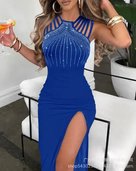 Thumbnail: Rhinestone Elegant Multi-Strap High Slit O-Neck Sleeveless Maxi Skinny Dress